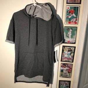 Hooded Short Sleeve Hoodie Kangaroo Pockets Belicheck Top Gray Sweatshirt Mens L